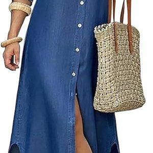 Women's Casual Print Button Front Maxi Shirt Dress